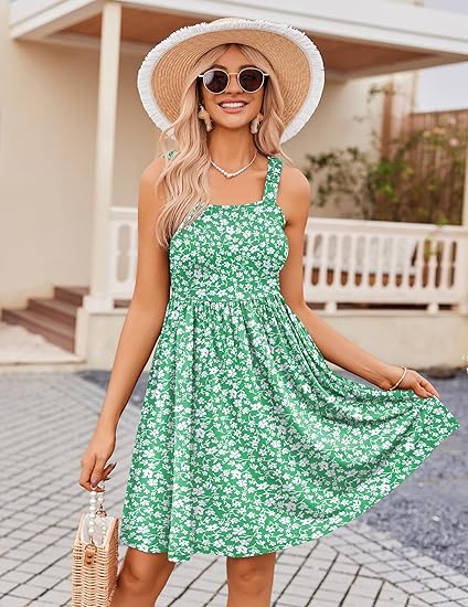 ⏰Ofertă specială: 50% reducere💃Rochii de vară pentru femei: rochie casual cu guler pătrat, imprimeu floral și buzunare-13