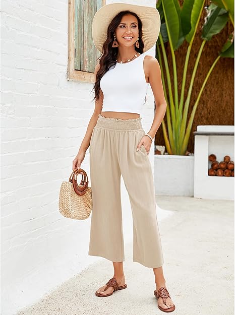 👖 Pantaloni capri din in pentru femei, cu talie înaltă și croi larg🌸