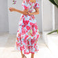 💃Rochie pentru femei cu imprimeu floral, gât pătrat, mâneci scurte, cu volane și smocuri