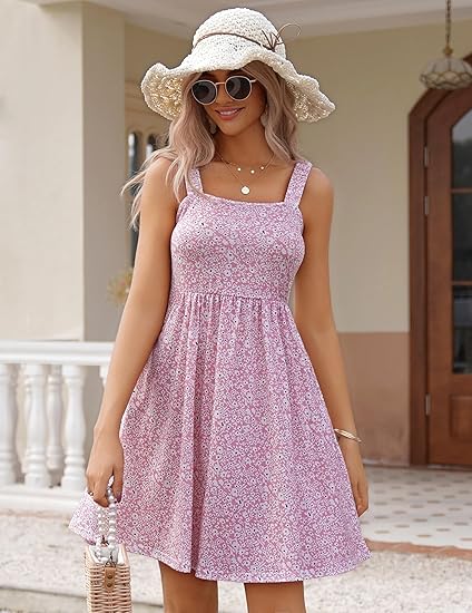 ⏰Ofertă specială: 50% reducere💃Rochii de vară pentru femei: rochie casual cu guler pătrat, imprimeu floral și buzunare-3