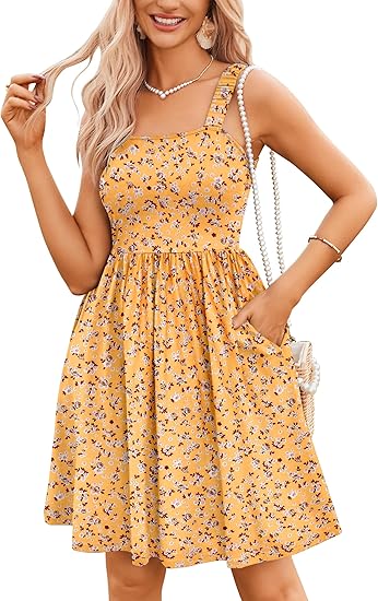 ⏰Ofertă specială: 50% reducere💃Rochii de vară pentru femei: rochie casual cu guler pătrat, imprimeu floral și buzunare-16
