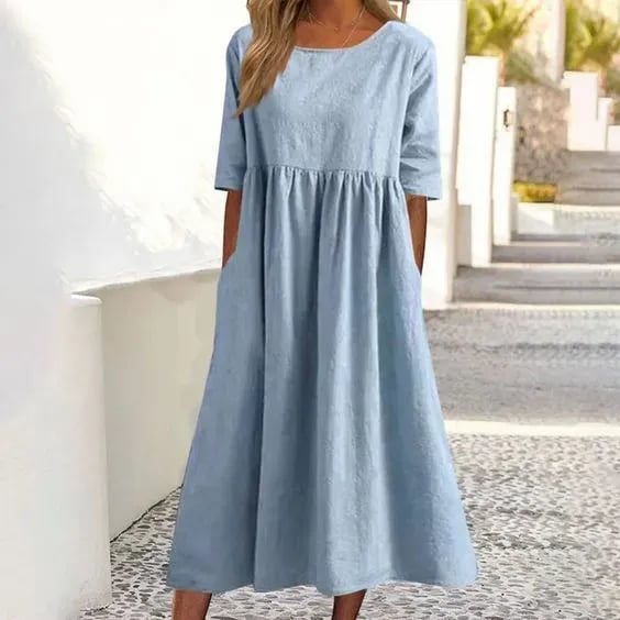 【S-5XL】👗Rochie din bumbac cu decolteu rotund și buzunare-9