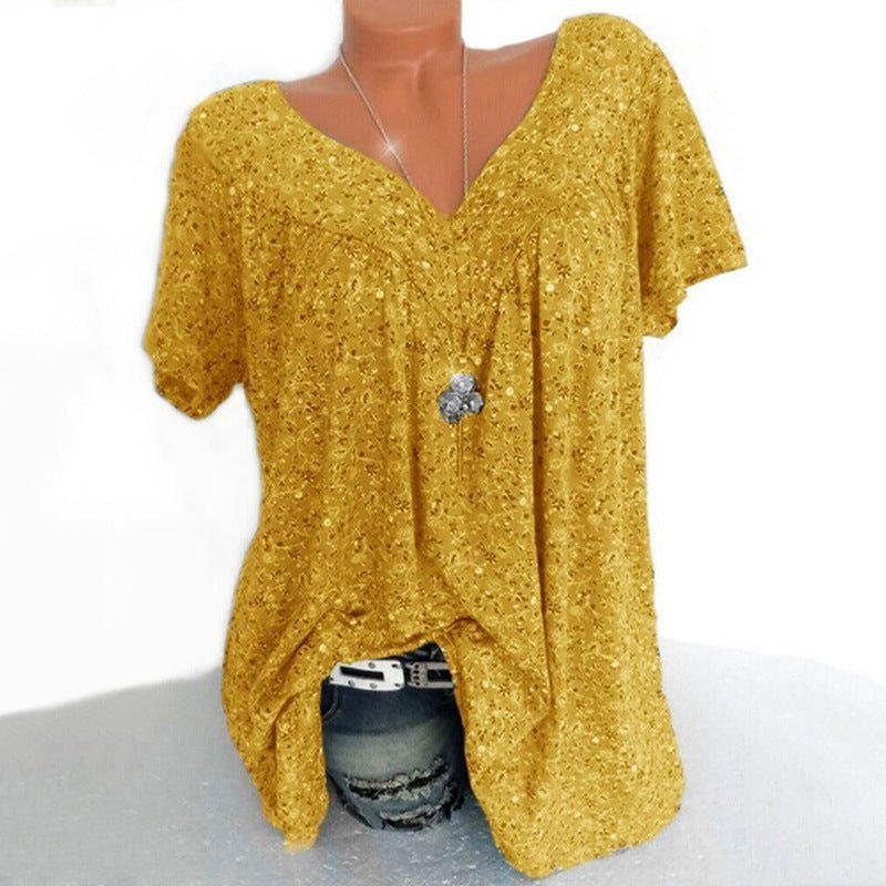 👕 50% REDUCERE ACUM! 🌸 Bluză cu mâneci scurte și imprimeu de primăvară – țesătură ușoară, imprimeuri vibrante și croială casual 👚-7