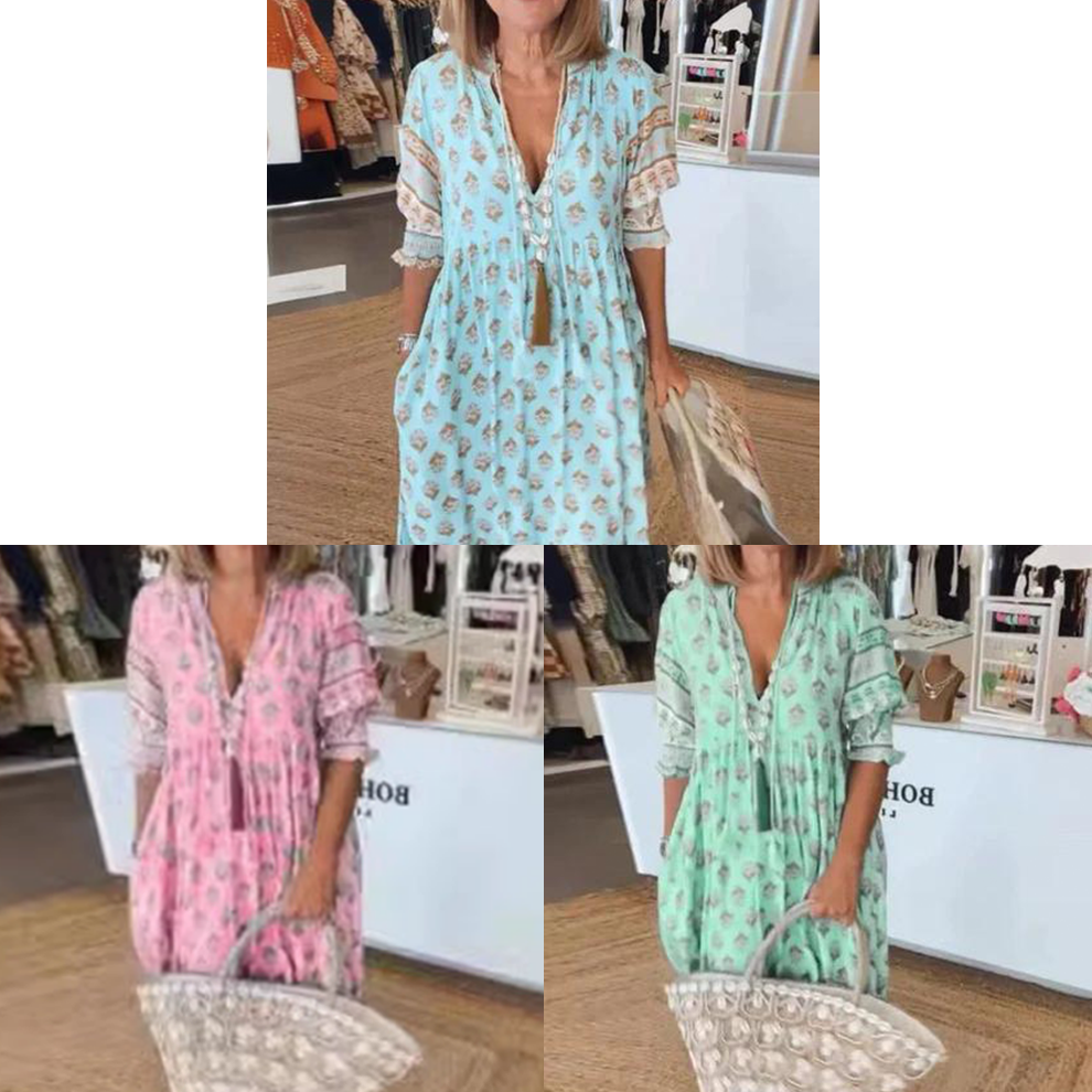 🌸Oferte Speciale de Primăvară 50% REDUCERE👗Rochie Boho Floral cu Decolteu în V, Talie Înaltă, Silueta A-Line-14