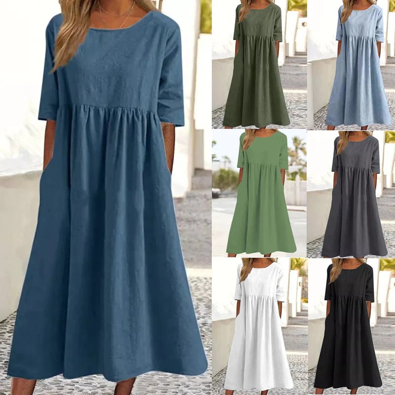 【S-5XL】👗Rochie din bumbac cu decolteu rotund și buzunare-1