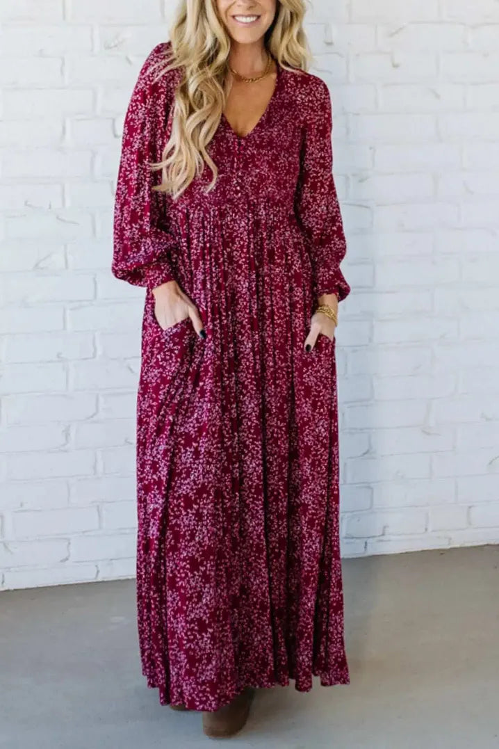 Ofertă specială de astăzi 49% reducere-💃Rochie lungă pentru femei, cu talie smocată, din rayon floral, căptușită-5
