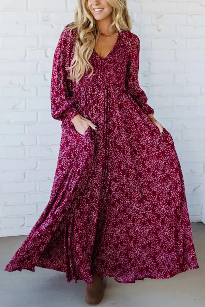 Ofertă specială de astăzi 49% reducere-💃Rochie lungă pentru femei, cu talie smocată, din rayon floral, căptușită-2