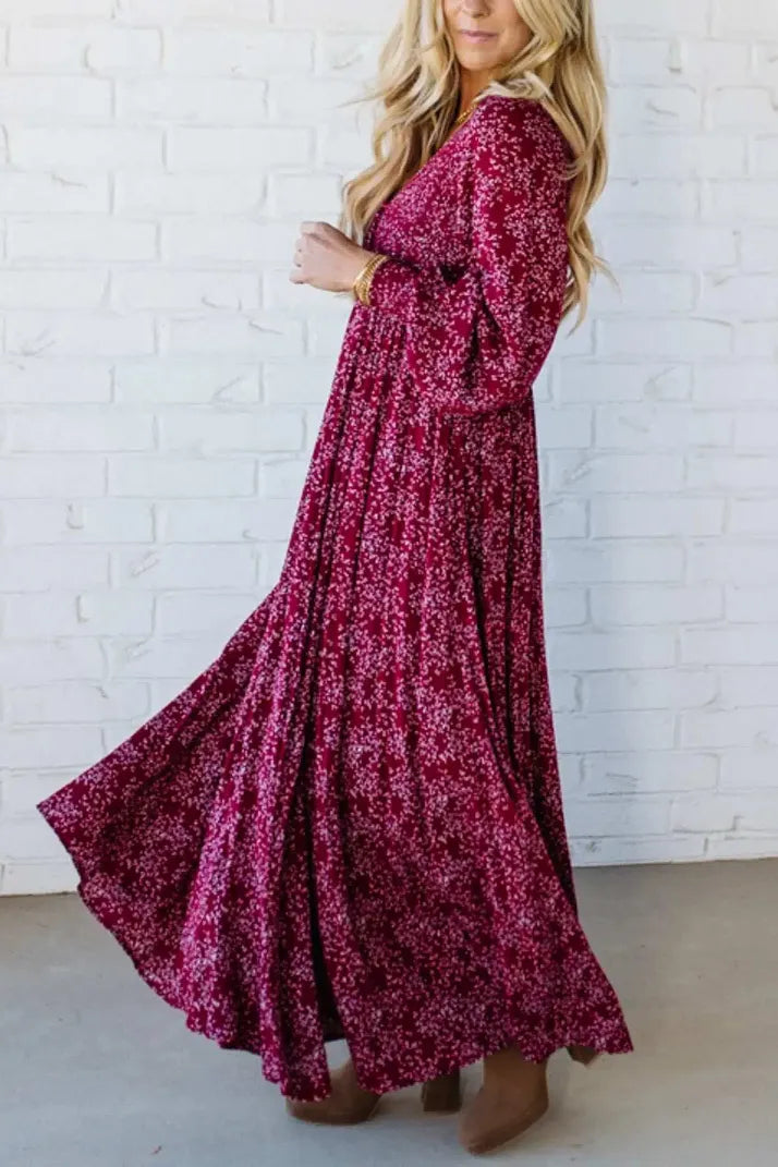 Ofertă specială de astăzi 49% reducere-💃Rochie lungă pentru femei, cu talie smocată, din rayon floral, căptușită-1