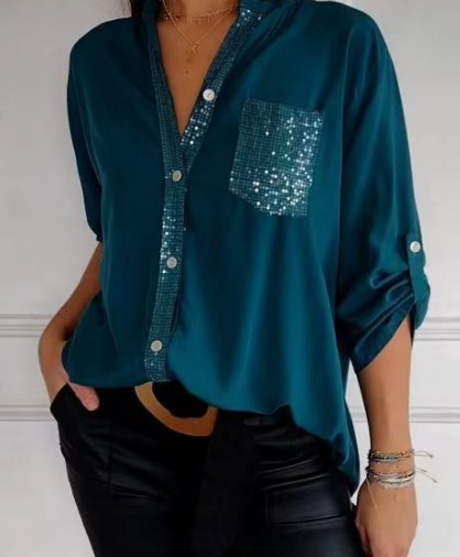 🔥Tricou de patchwork ocazional cu paiete-9