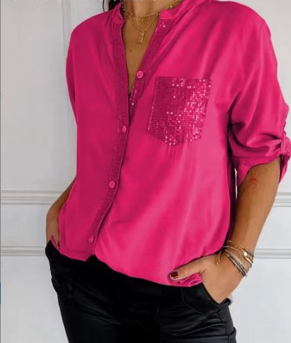 🔥Tricou de patchwork ocazional cu paiete-8