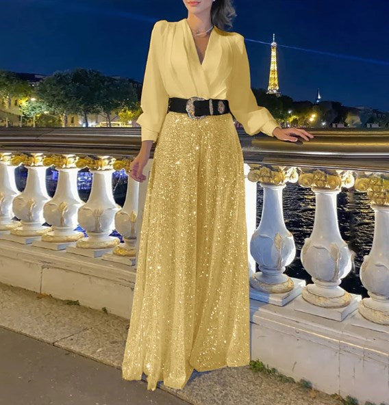 Bluză elegantă cu mânecă lungă și decolteu în V și pantaloni largi de salopetă cu paiete-8