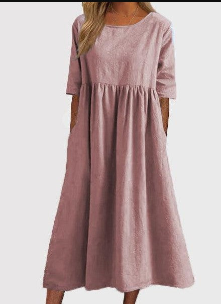 【S-5XL】👗Rochie din bumbac cu decolteu rotund și buzunare-11