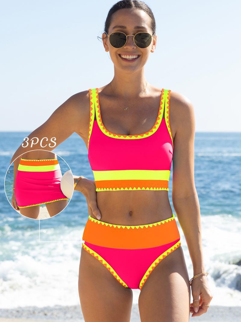 🔥🎁Noutate: 50 % REDUCERE🔥🌼 Set de bikini sportiv din nylon în trei piese, cu blocuri de culori – talie înaltă cu efect de slăbire a abdomenului 👙-22