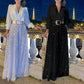 Bluză elegantă cu mânecă lungă și decolteu în V și pantaloni largi de salopetă cu paiete-5