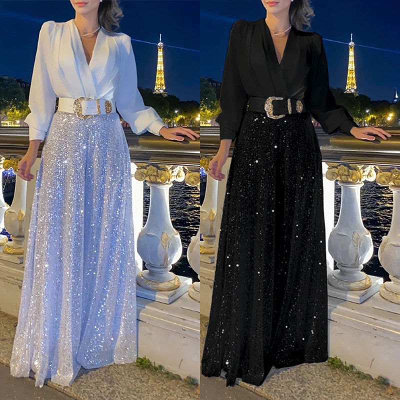 Bluză elegantă cu mânecă lungă și decolteu în V și pantaloni largi de salopetă cu paiete-5