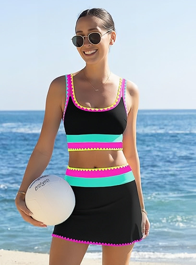🔥🎁Noutate: 50 % REDUCERE🔥🌼 Set de bikini sportiv din nylon în trei piese, cu blocuri de culori – talie înaltă cu efect de slăbire a abdomenului 👙-3