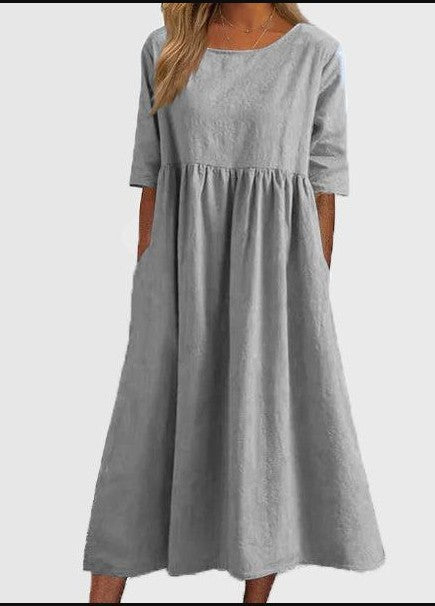 【S-5XL】👗Rochie din bumbac cu decolteu rotund și buzunare-10