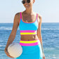 🔥🎁Noutate: 50 % REDUCERE🔥🌼 Set de bikini sportiv din nylon în trei piese, cu blocuri de culori – talie înaltă cu efect de slăbire a abdomenului 👙-12