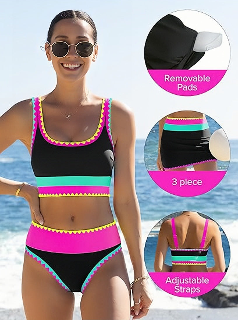🔥🎁Noutate: 50 % REDUCERE🔥🌼 Set de bikini sportiv din nylon în trei piese, cu blocuri de culori – talie înaltă cu efect de slăbire a abdomenului 👙