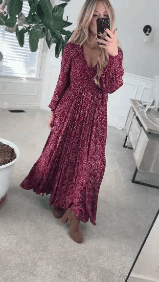 Ofertă specială de astăzi 49% reducere-💃Rochie lungă pentru femei, cu talie smocată, din rayon floral, căptușită-6