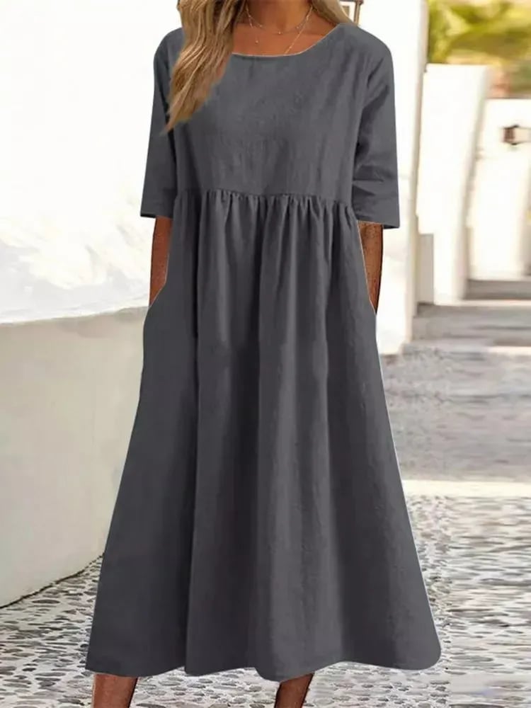 【S-5XL】👗Rochie din bumbac cu decolteu rotund și buzunare-4
