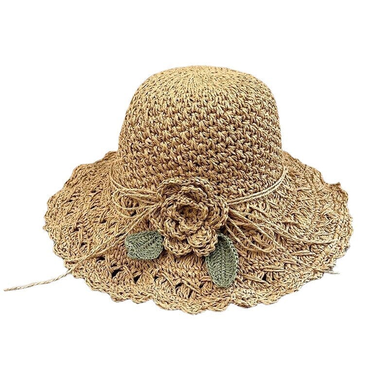 👒Pălărie elegantă de paie tricotată manual, cu detalii cu volane-10