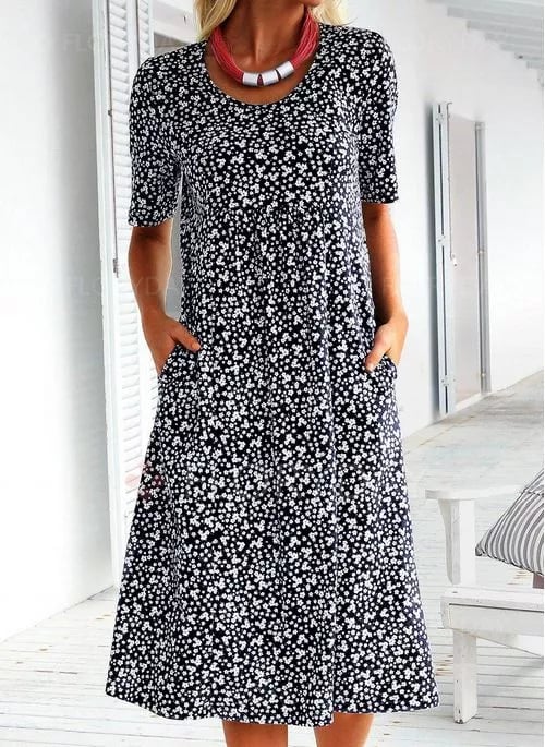 🔥Vara rotund gât scurt maneca florale Midi rochii (8 culori cu buzunare)-5