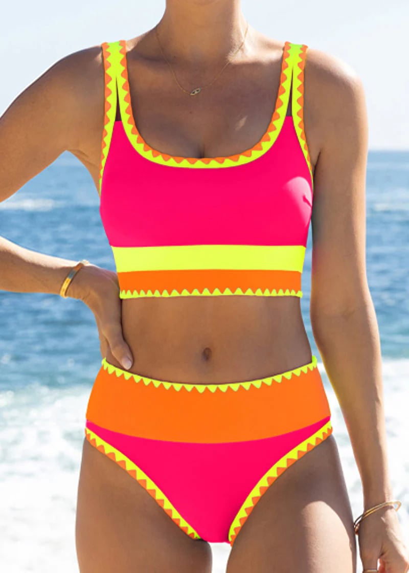 🔥🎁Noutate: 50 % REDUCERE🔥🌼 Set de bikini sportiv din nylon în trei piese, cu blocuri de culori – talie înaltă cu efect de slăbire a abdomenului 👙-11