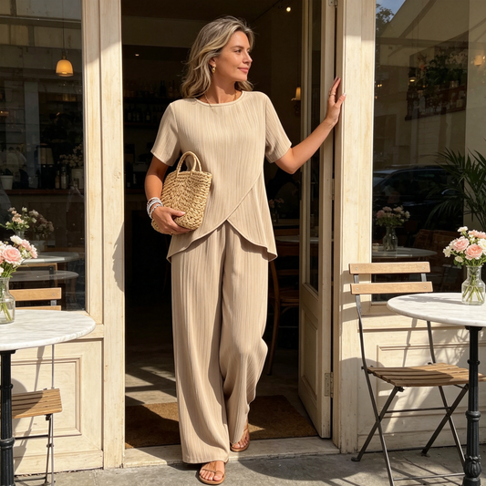 💃 Costum pentru femei: Bluză asimetrică casual și pantaloni cu picior larg – Lejer, confortabil și elegant fără efort ✨🌿