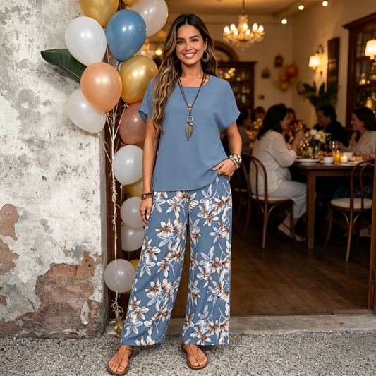 🏆HOT SALE 45% OFF🔥Women's Casual Floral Print Wide Leg Trousers and Short Sleeve Top Set