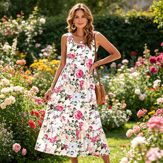 💃 Fustă casual de vară pentru femei, fără mâneci, cu imprimeu floral, decolteu pătrat și volane suprapuse