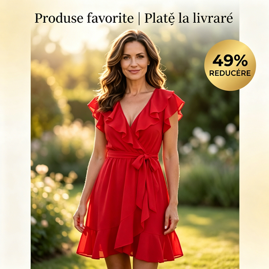 Ofertă specială de vară: 49% reducere☀️ Rochie elegantă pentru femei, cu decolteu în V, volane și cordon la talie