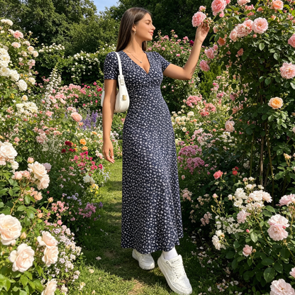 Rochie maxi casual cu decolteu V cu model floral pentru femei