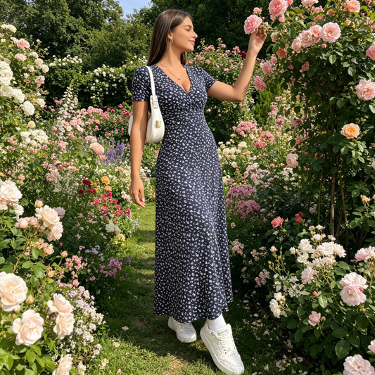 Rochie maxi casual cu decolteu V cu model floral pentru femei