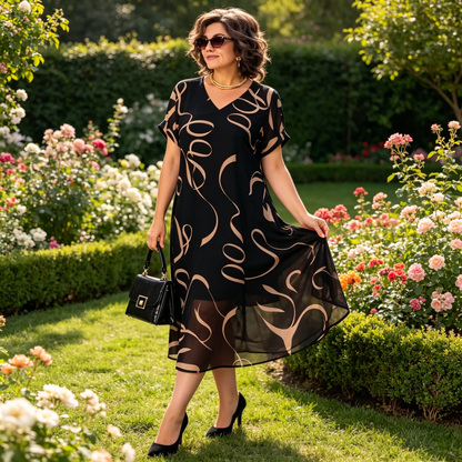 Rochie midi cu decolteu în V, croială lejeră