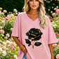 Tricou pentru femei cu mărime mare, cu imprimeu de trandafiri și decolteu în V