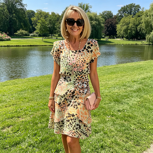 Rochie versatilă și elegantă, cu imprimeu colorat în stil leopard și paiete