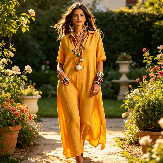 Rochie elegantă din bumbac și in, cu mâneci scurte și revere, pentru femei