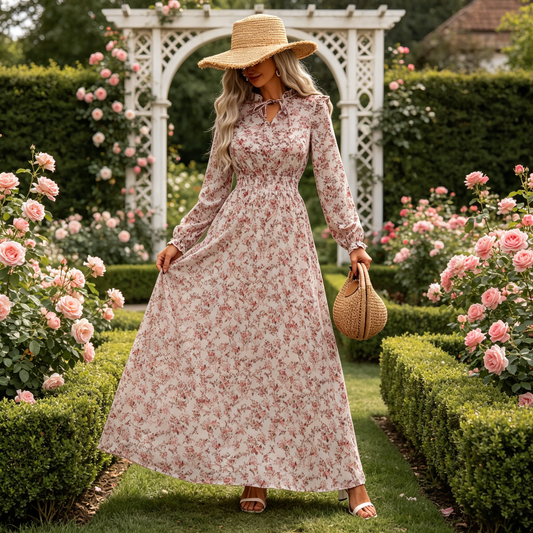 pentru femei, stil vacanță, cu imprimeu floral ditsy și talie ajustată, maxi