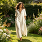 Rochie elegantă din bumbac și in, cu mâneci scurte și revere, pentru femei