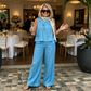 Costum simplu și respirabil pentru femei – bluză fără mâneci cu guler rotund și pantaloni cu croi larg