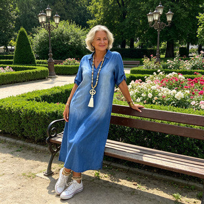 Rochie lungă din denim spălat, cu croială largă, pentru femei