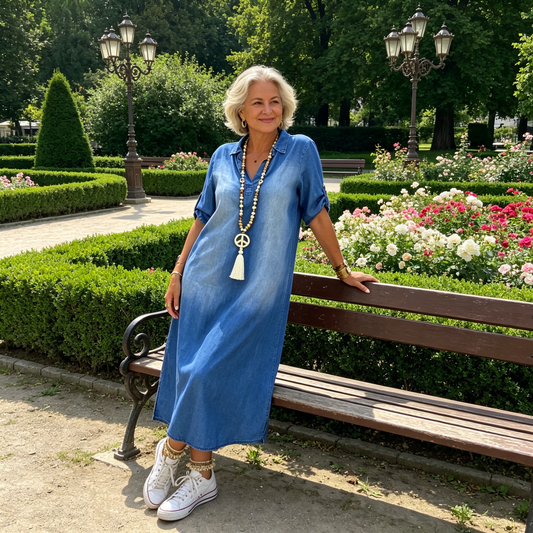 Rochie lungă din denim spălat, cu croială largă, pentru femei