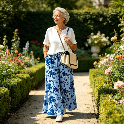 Pantaloni cu talie înaltă și croi larg, cu imprimeu floral