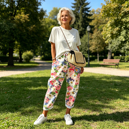 Pantaloni casual pentru femei cu imprimeu floral și cordon de strângere