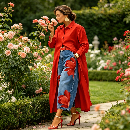 Blugi largi Artistic Flower pentru femei