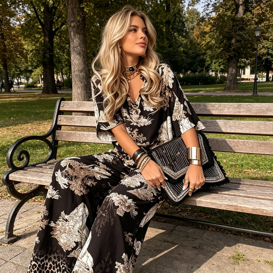 ✨ Set casual pentru femei, compus din bluză cu imprimeu și decolteu în V și pantaloni lungi  👚👖