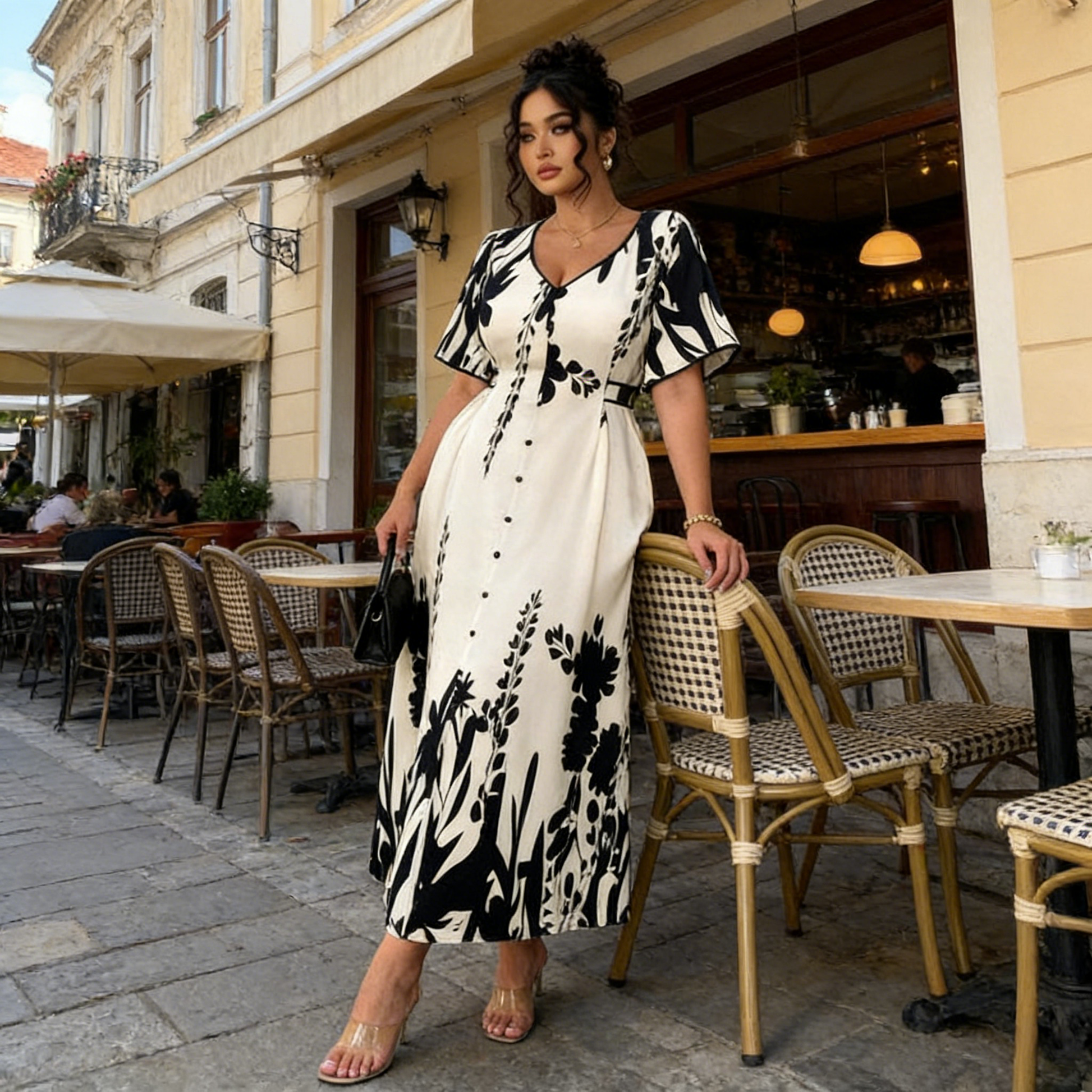 🌹🦋 Size (S-5XL)| Croială A (Ascunde Talia) | Rochie Midi Elegantă cu Decolteu în V și Imprimă Botanic Plus|✨-2