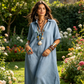 Rochie elegantă din bumbac și in, cu mâneci scurte și revere, pentru femei