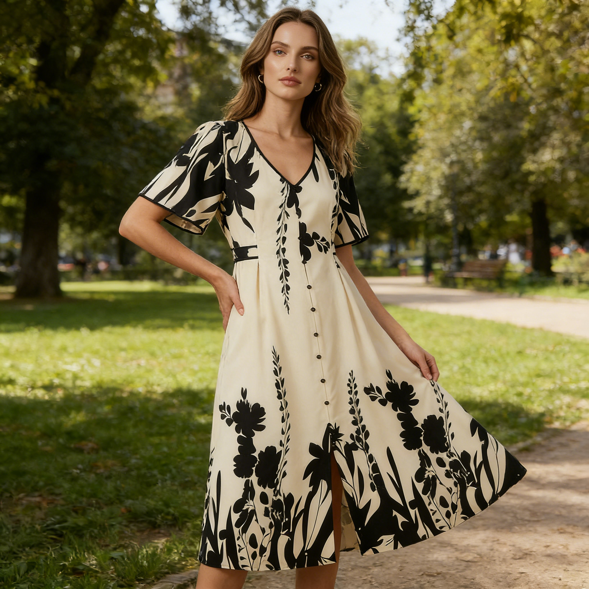 🌹🦋 Size (S-5XL)| Croială A (Ascunde Talia) | Rochie Midi Elegantă cu Decolteu în V și Imprimă Botanic Plus|✨-16